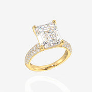 Emerald Cut Lab Grown Diamond Three Layer Pave 18K Gold Ring