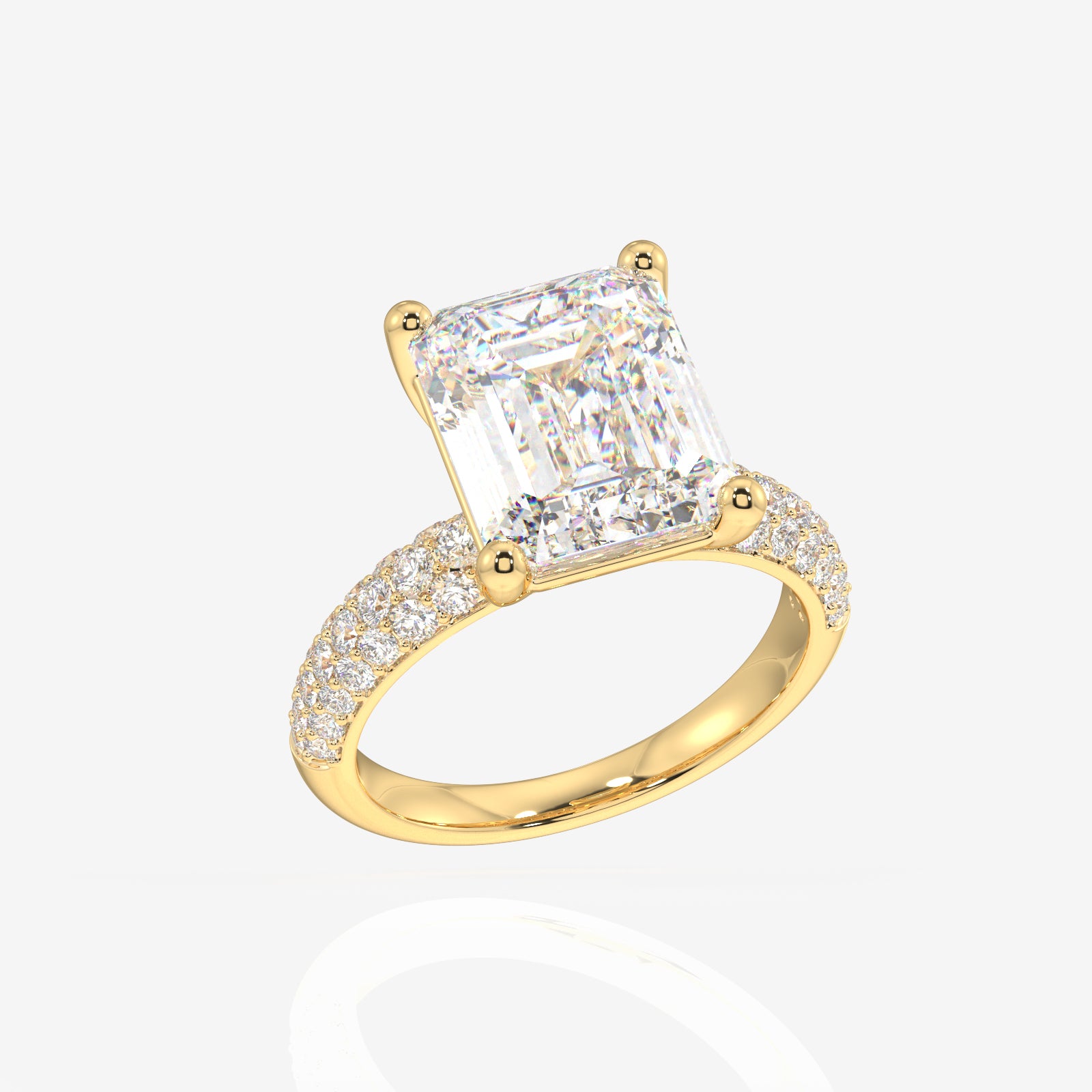 Emerald Cut Lab Grown Diamond Three Layer Pave 18K Gold Ring