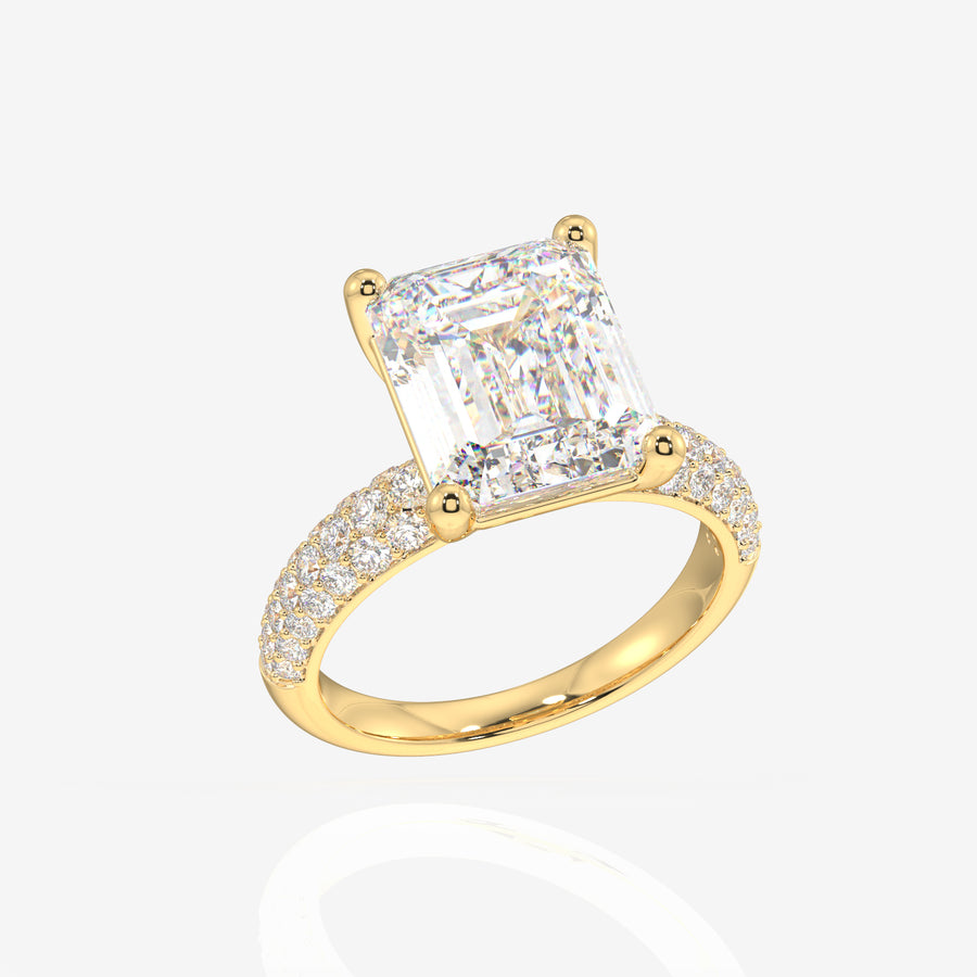 Emerald Cut Lab Grown Diamond Three Layer Pave 18K Gold Ring