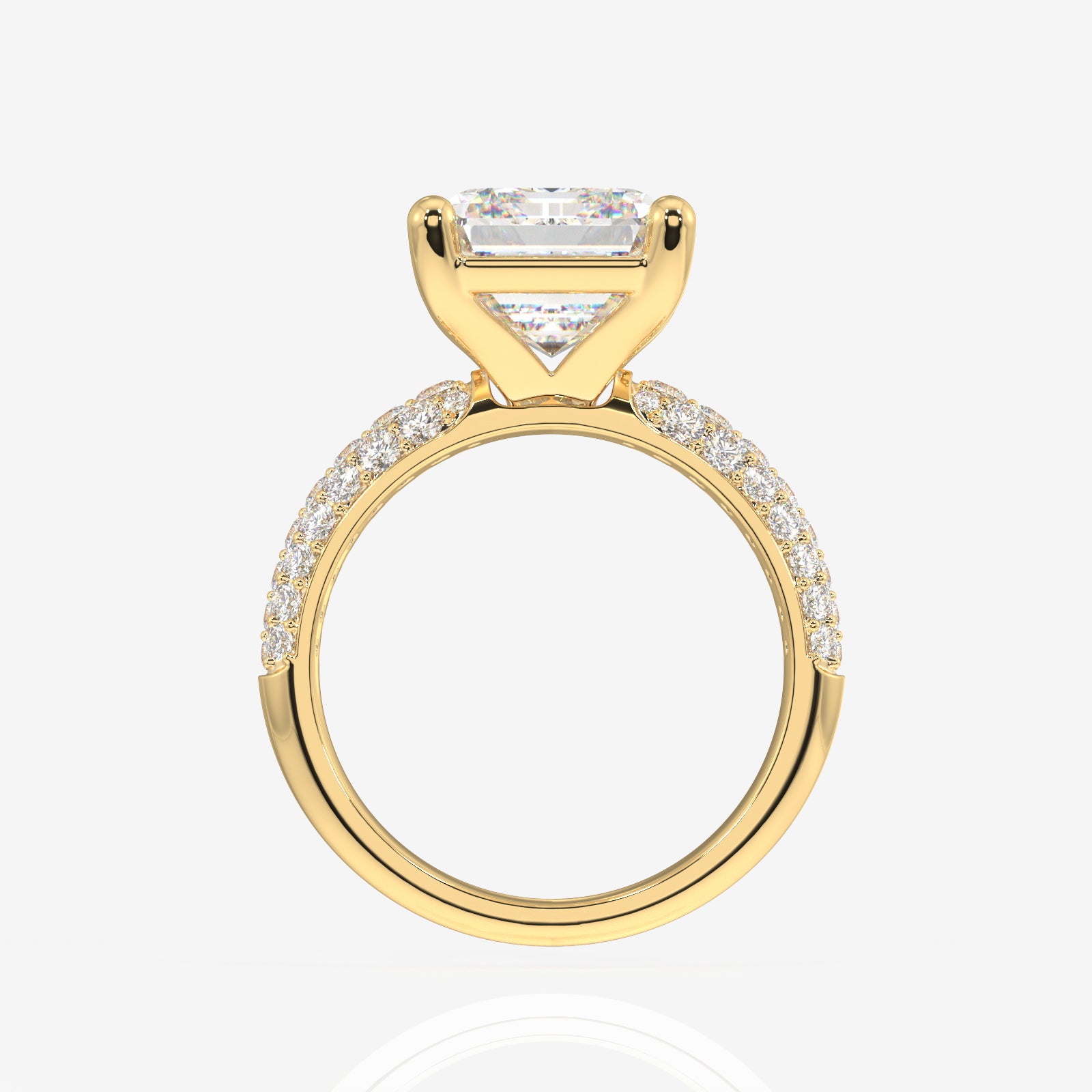Emerald Cut Lab Grown Diamond Three Layer Pave 18K Gold Ring