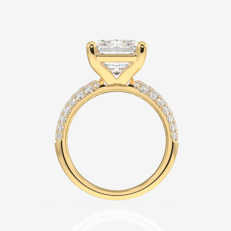Emerald Cut Lab Grown Diamond Three Layer Pave 18K Gold Ring