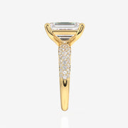 Emerald Cut Lab Grown Diamond Three Layer Pave 18K Gold Ring