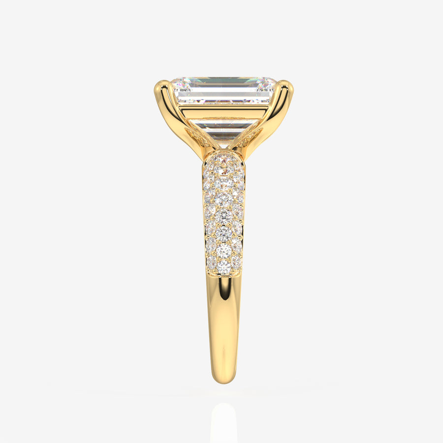 Emerald Cut Lab Grown Diamond Three Layer Pave 18K Gold Ring