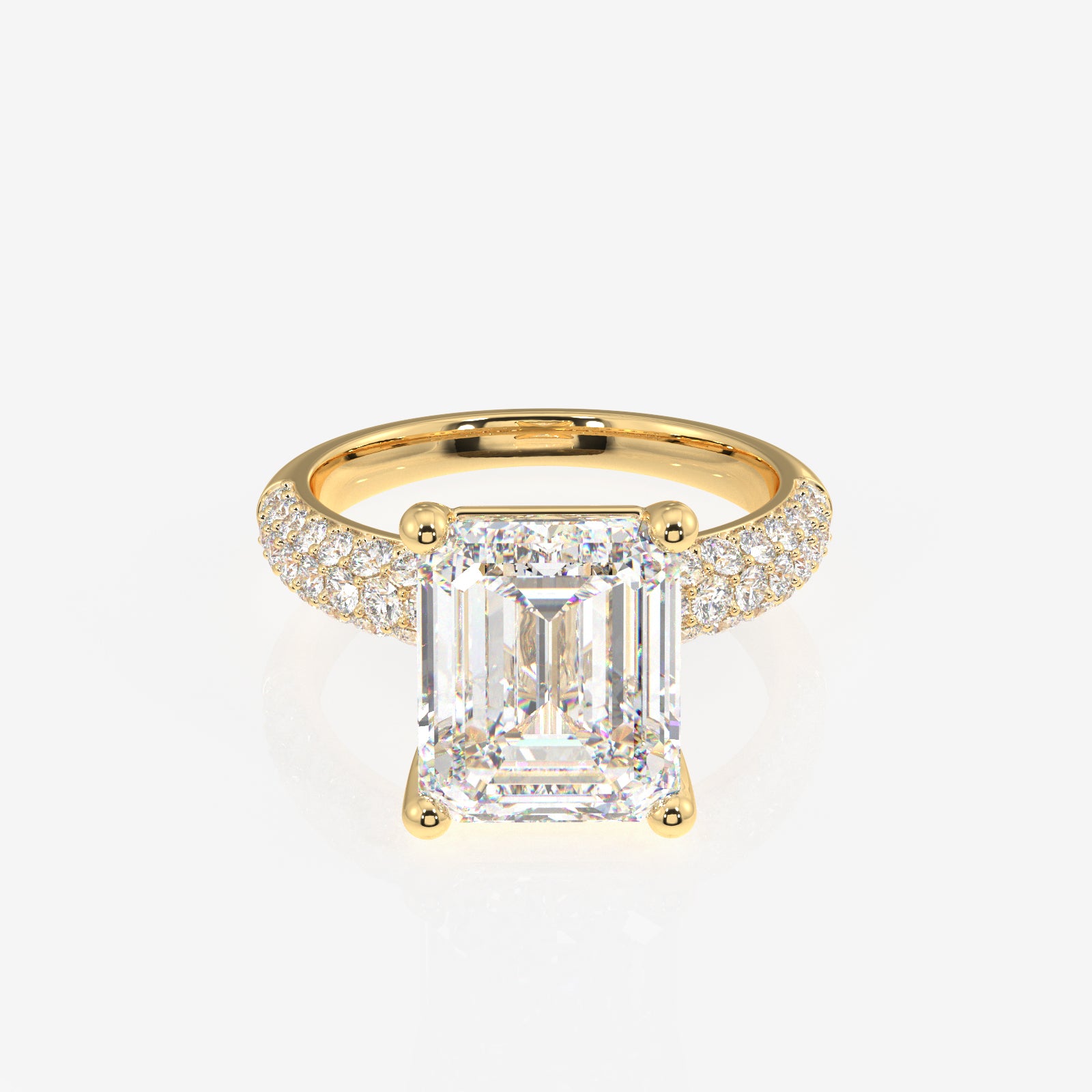 Emerald Cut Lab Grown Diamond Three Layer Pave 18K Gold Ring