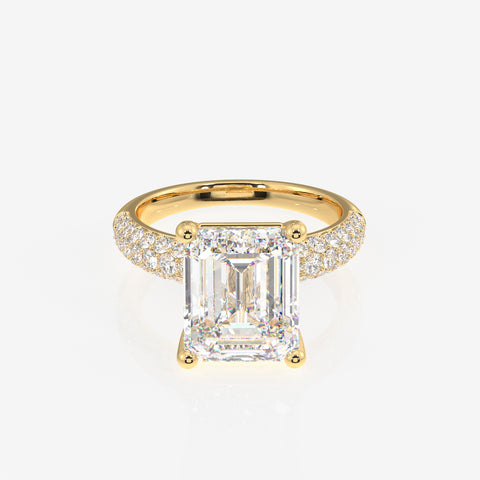 Emerald Cut Lab Grown Diamond Three Layer Pave 14K Gold Ring