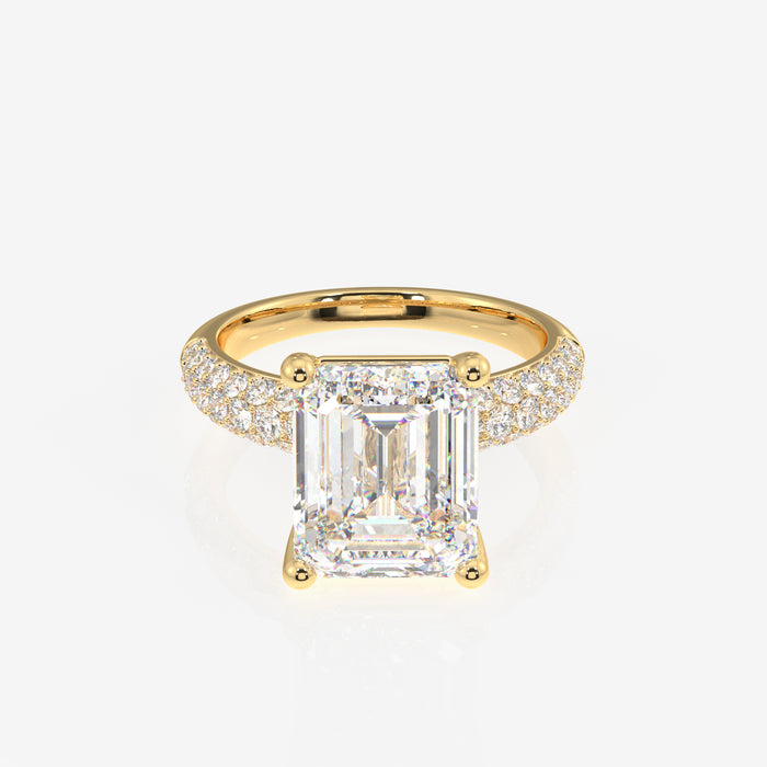 Emerald Cut Moissanite Diamond Three Layer Pave 18K Gold Ring