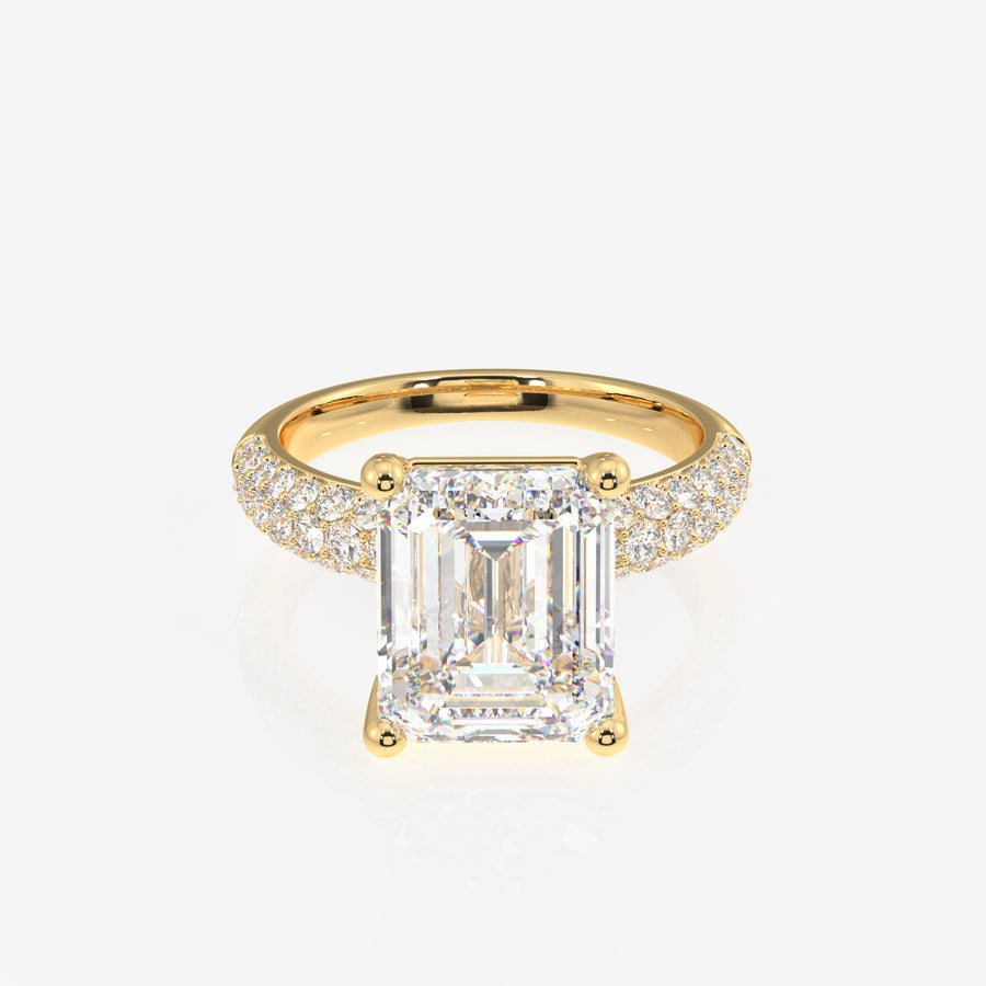 Emerald Cut Lab Grown Diamond Three Layer Pave 18K Gold Ring