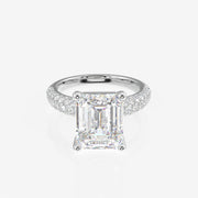 Emerald Cut Lab Grown Diamond Three Layer Pave 18K Gold Ring