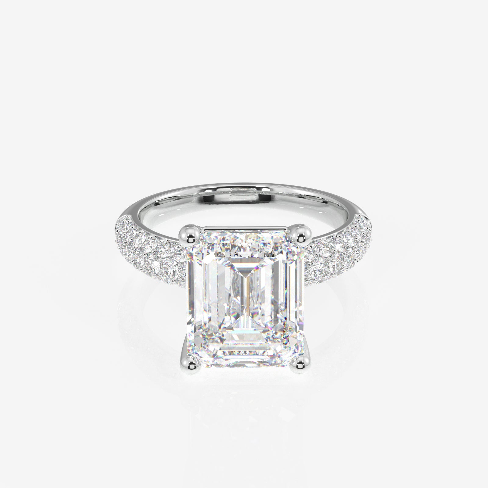 Emerald Cut Lab Grown Diamond Three Layer Pave 18K Gold Ring