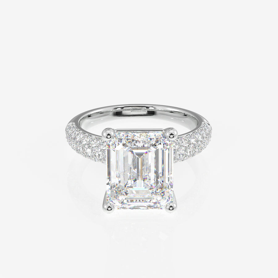 Emerald Cut Lab Grown Diamond Three Layer Pave 18K Gold Ring