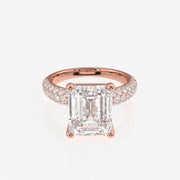 Emerald Cut Lab Grown Diamond Three Layer Pave 18K Gold Ring