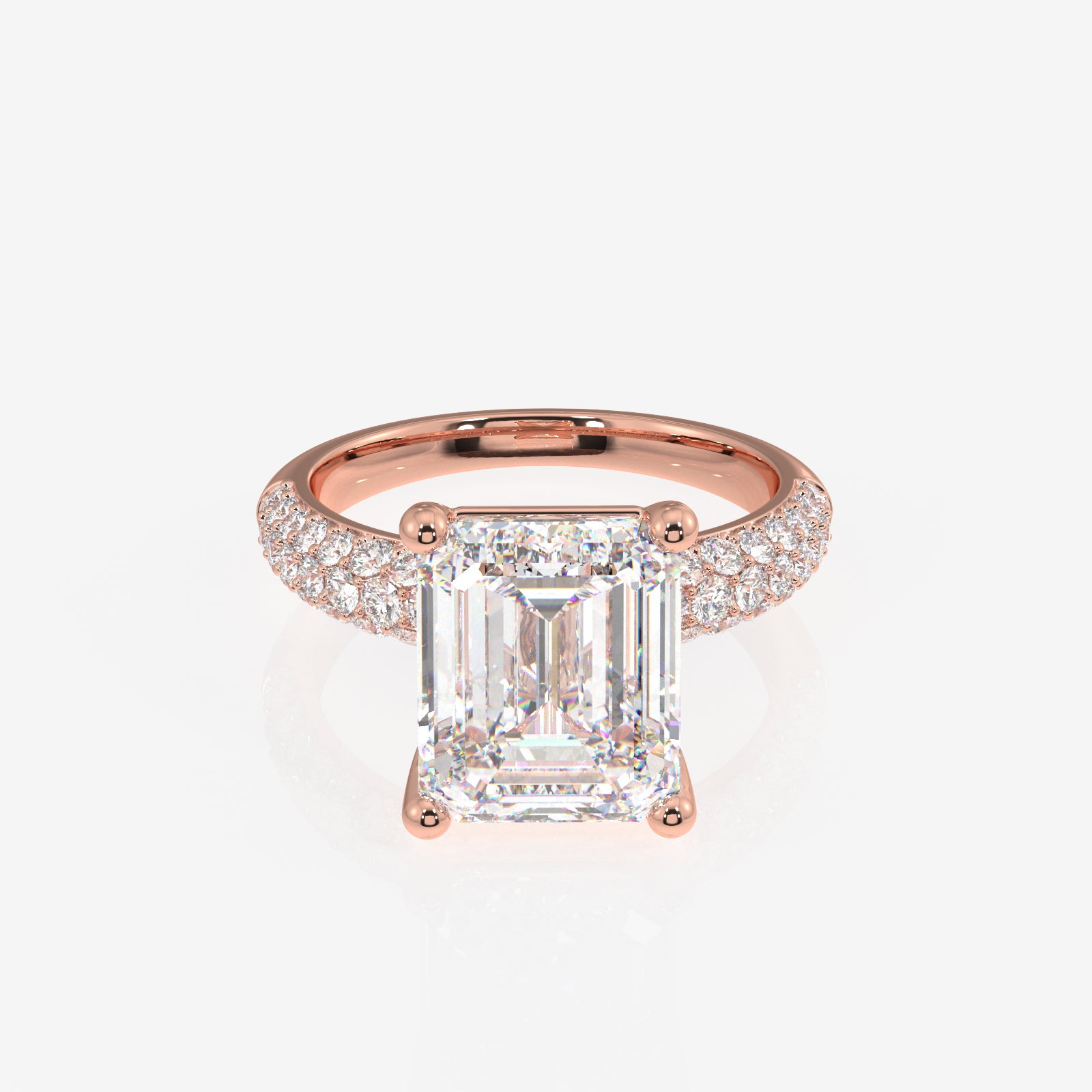 Emerald Cut Lab Grown Diamond Three Layer Pave 18K Gold Ring