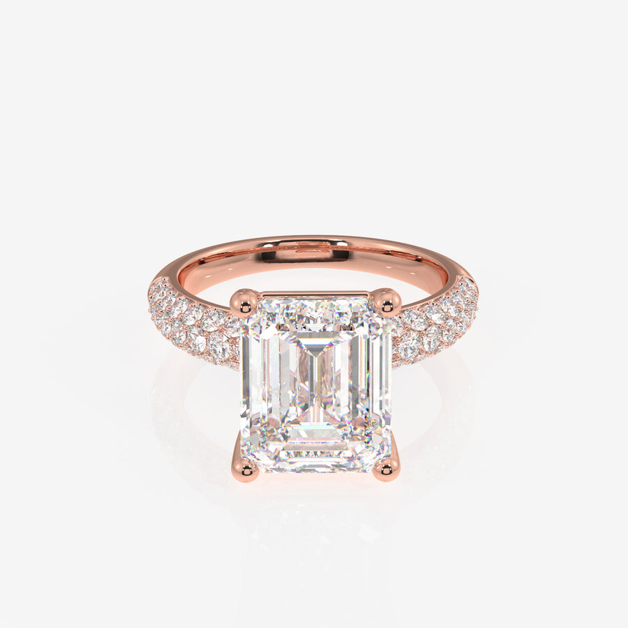 Emerald Cut Lab Grown Diamond Three Layer Pave 18K Gold Ring