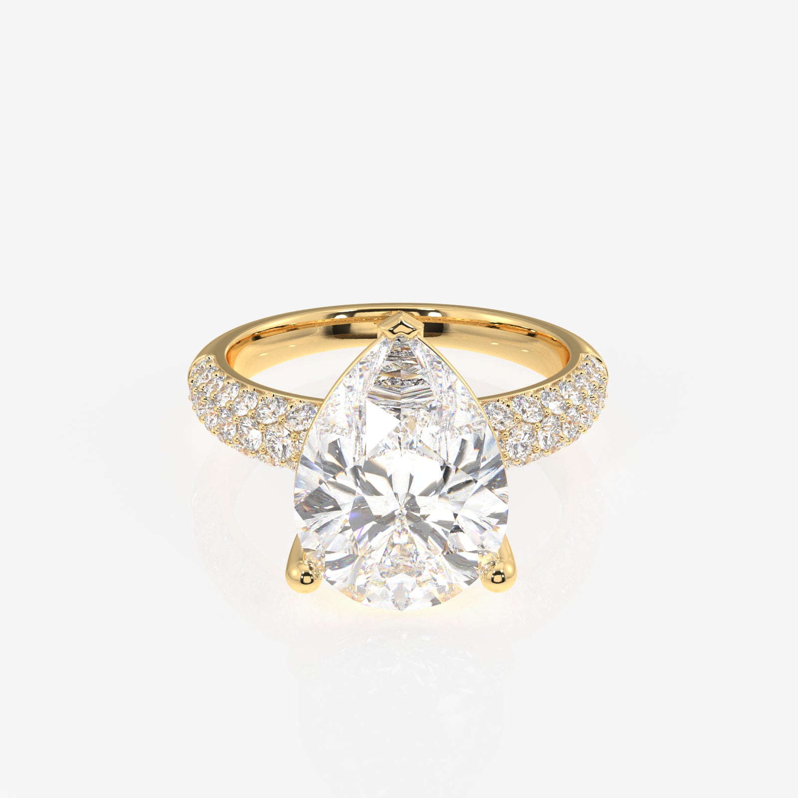 Pear Cut Lab Grown Diamond Three Layer Pave 14K Gold Ring
