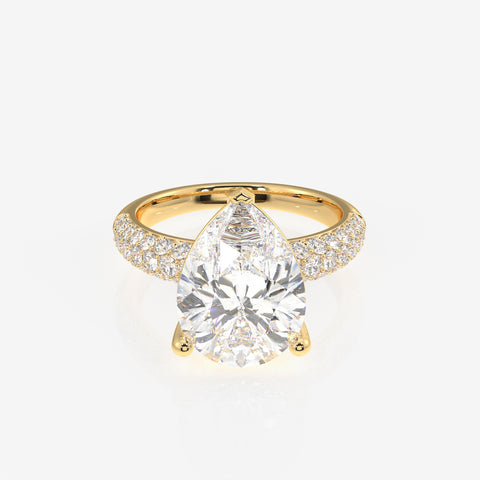 Pear Cut Lab Grown Diamond Three Layer Pave 14K Gold Ring