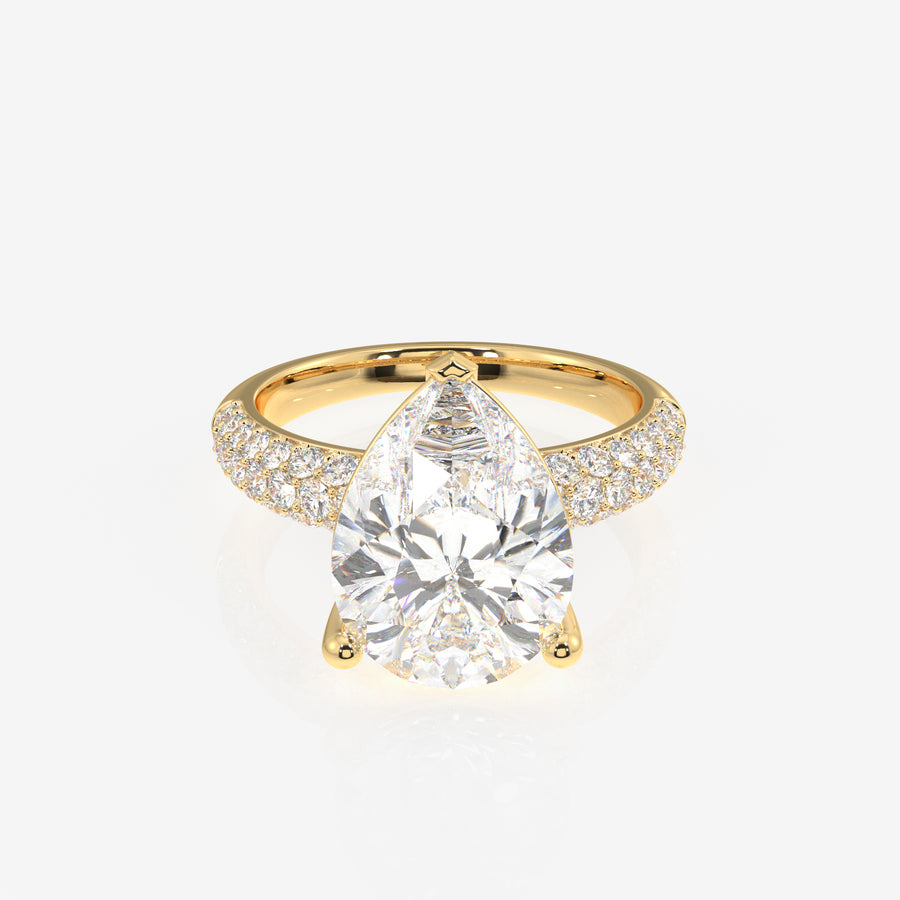 Pear Cut Lab Grown Diamond Three Layer Pave 14K Gold Ring