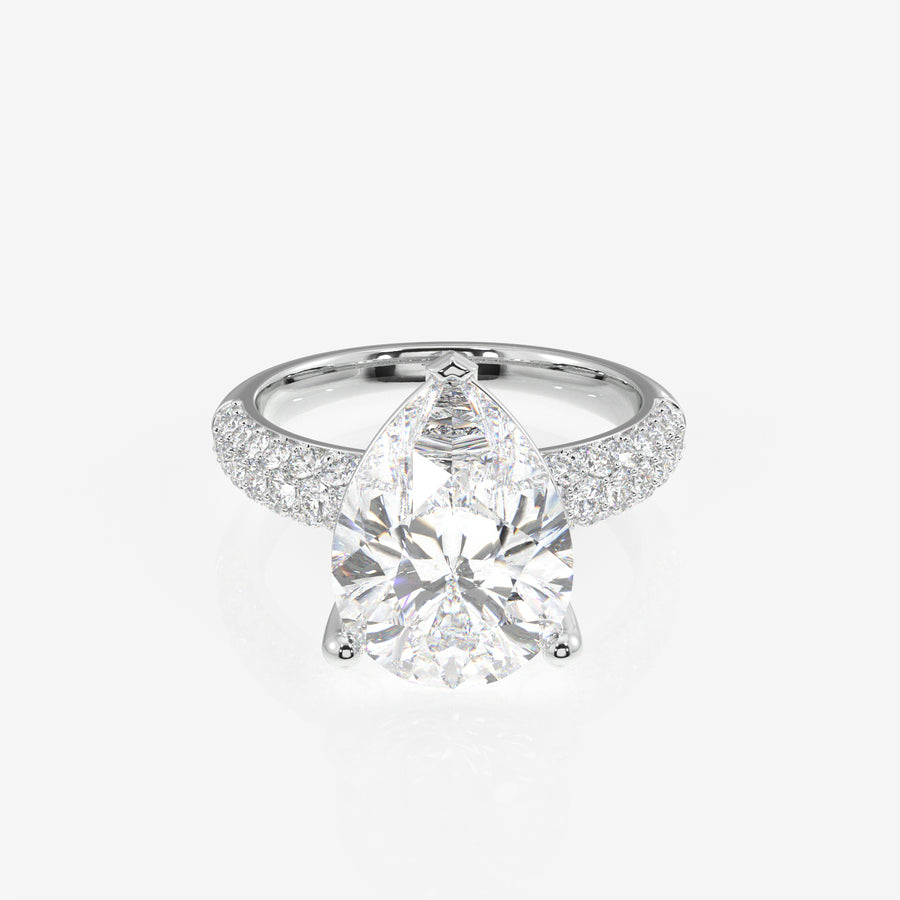 Pear Cut Lab Grown Diamond Three Layer Pave 14K Gold Ring
