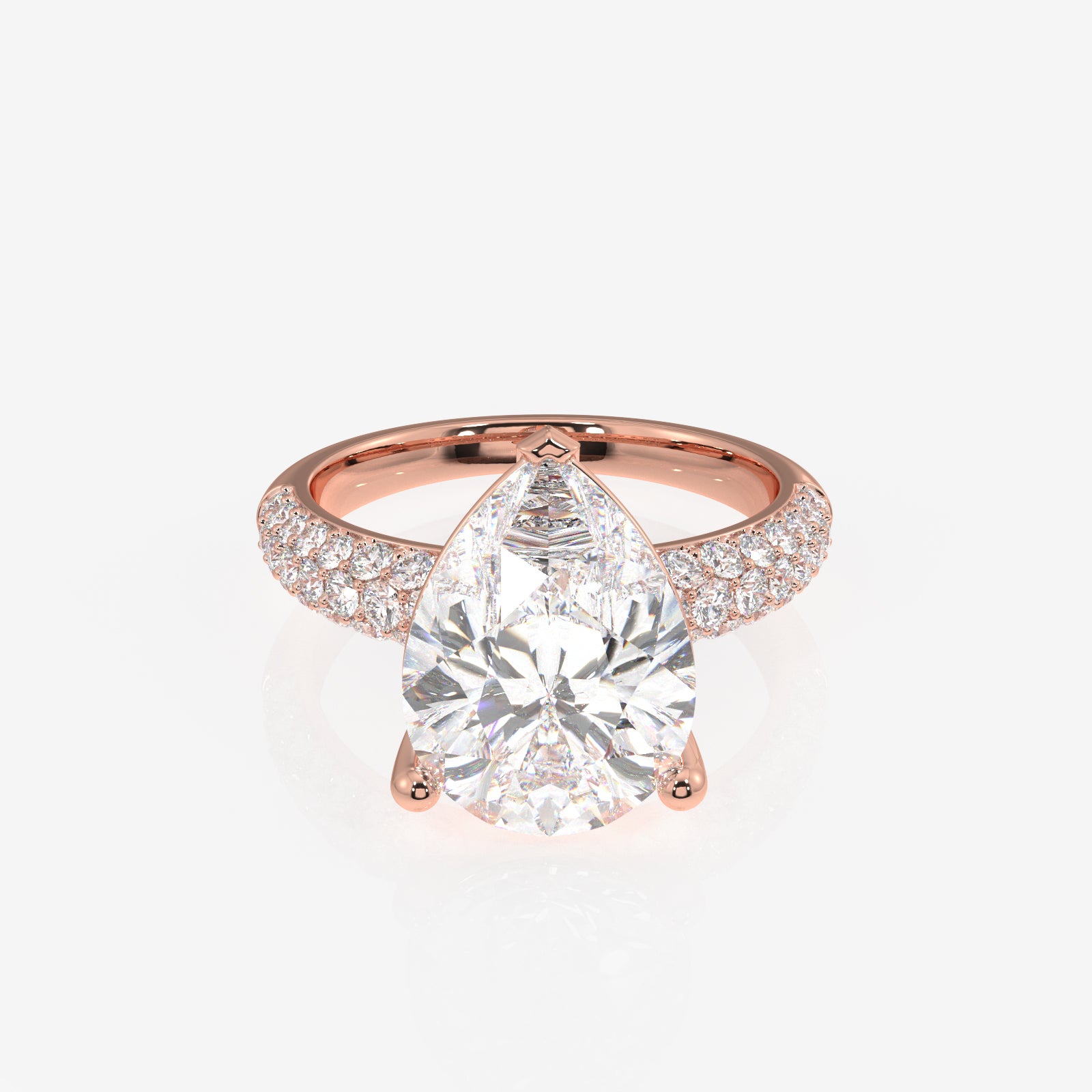 Pear Cut Lab Grown Diamond Three Layer Pave 14K Gold Ring