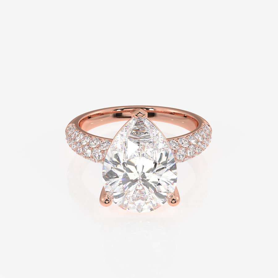 Pear Cut Lab Grown Diamond Three Layer Pave 14K Gold Ring