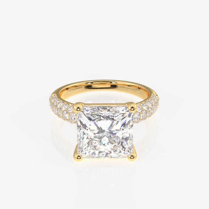 Princess Cut Moissanite Diamond Three Layer Pave 18K Gold Ring