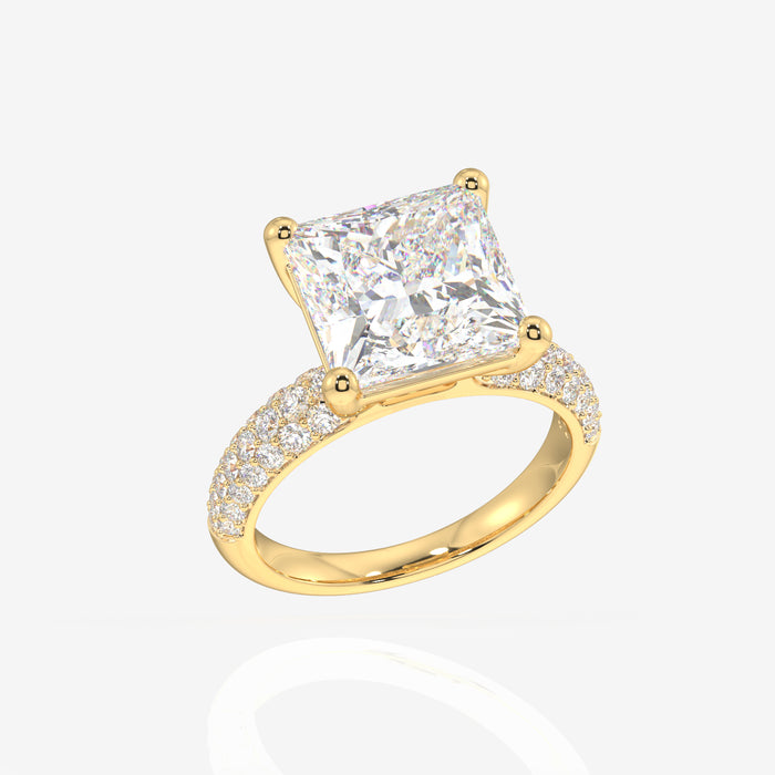 Princess Cut Moissanite Diamond Three Layer Pave 18K Gold Ring