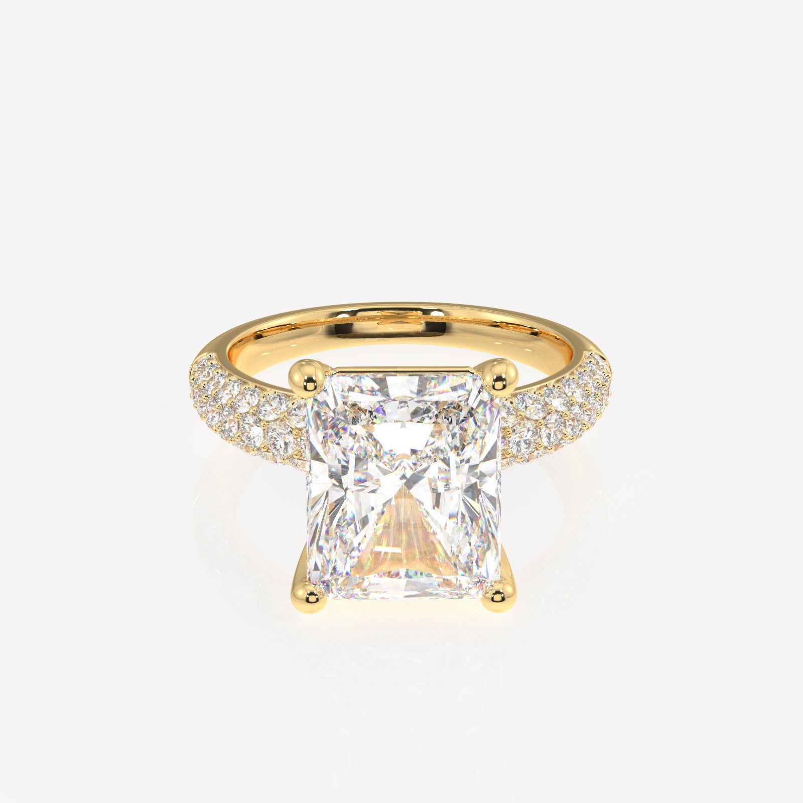 Radiant Cut Moissanite Diamond Three Layer Pave 14K Gold Ring