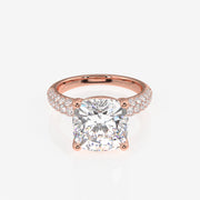 Cushion Cut Lab Grown Diamond Three Layer Pave 14K Gold Ring