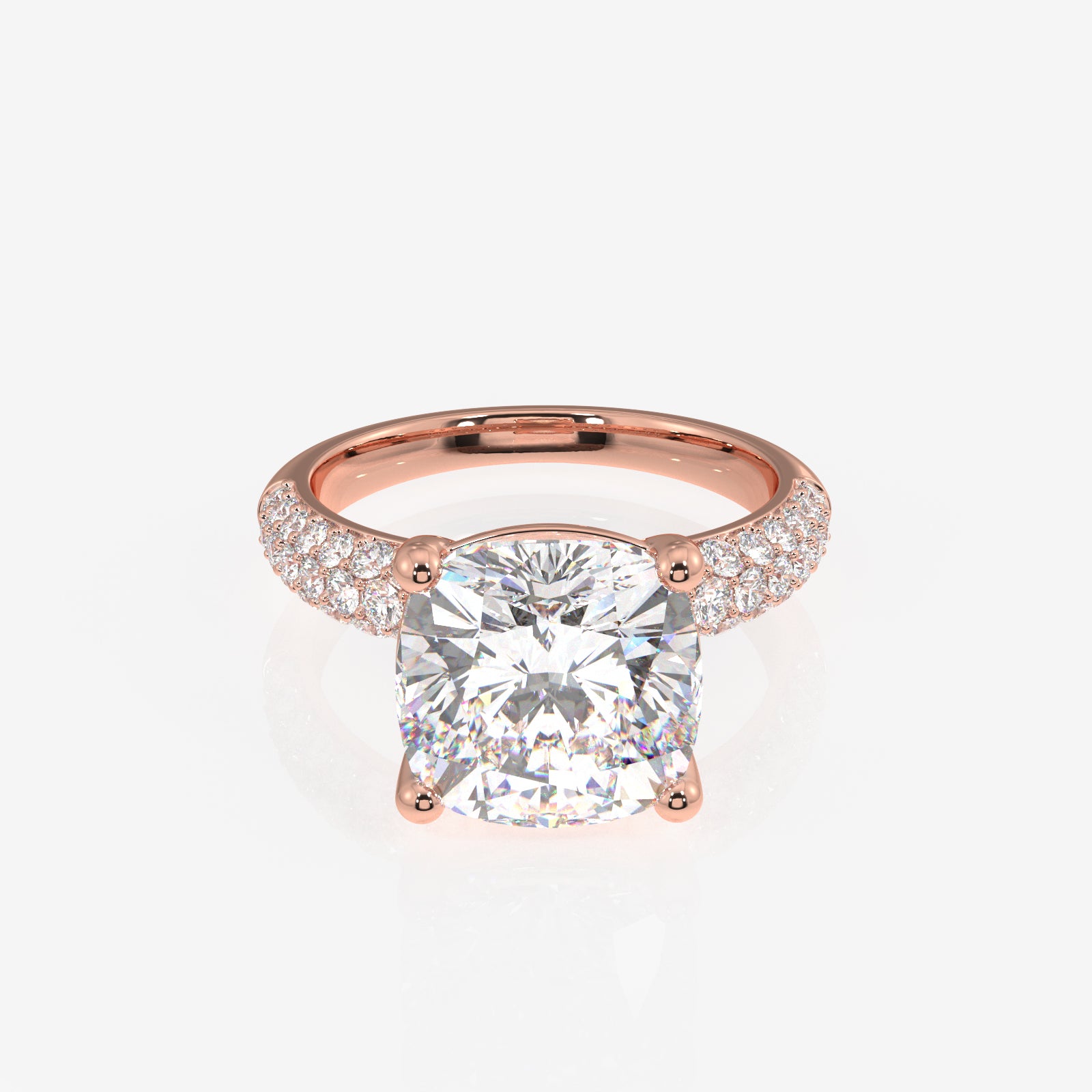 Cushion Cut Lab Grown Diamond Three Layer Pave 14K Gold Ring