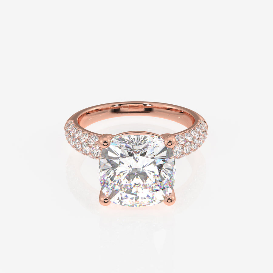 Cushion Cut Lab Grown Diamond Three Layer Pave 14K Gold Ring