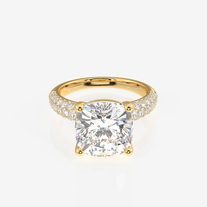 Cushion Cut Moissanite Diamond Three Layer Pave 18K Gold Ring