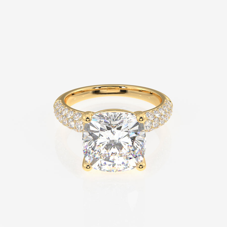 Cushion Cut Lab Grown Diamond Three Layer Pave 14K Gold Ring