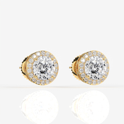 Portuguese Cut Moissanite Diamond Halo Stud 14K Gold Earrings