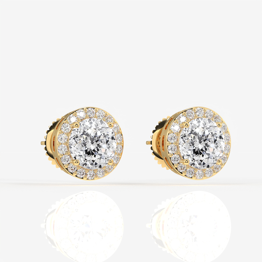 Portuguese Cut Moissanite Diamond Halo Stud 14K Gold Earrings