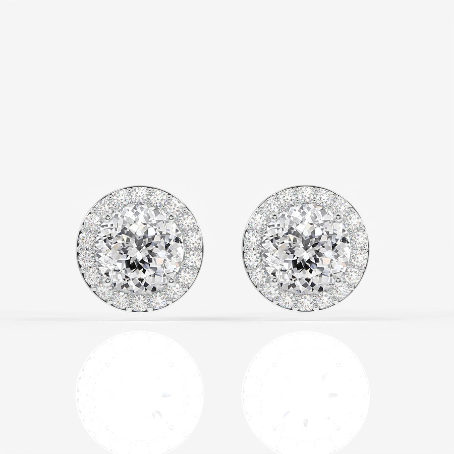 Portuguese Cut Moissanite Diamond Halo Stud 18K Gold Earrings