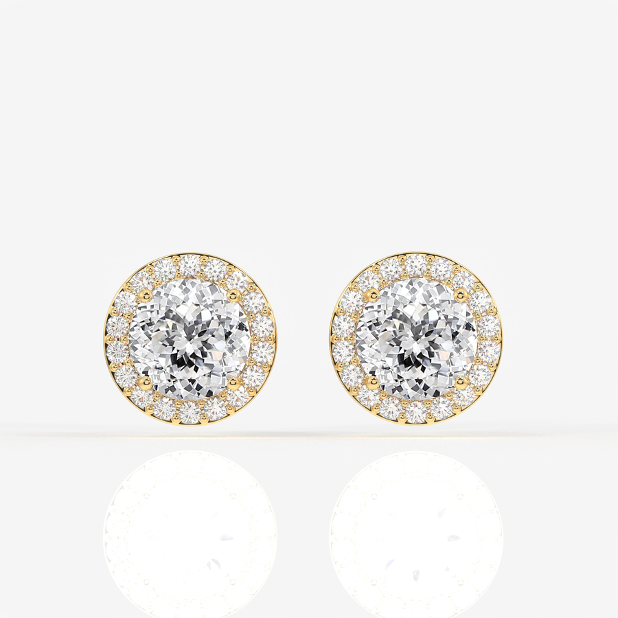 Portuguese Cut Moissanite Diamond Halo Stud 18K Gold Earrings