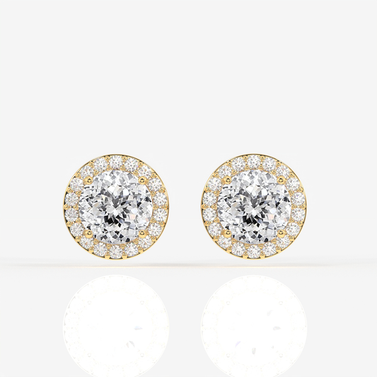 Portuguese Cut Moissanite Diamond Halo Stud 18K Gold Earrings