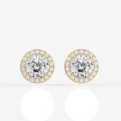 Portuguese Cut Moissanite Diamond Halo Stud 18K Gold Earrings