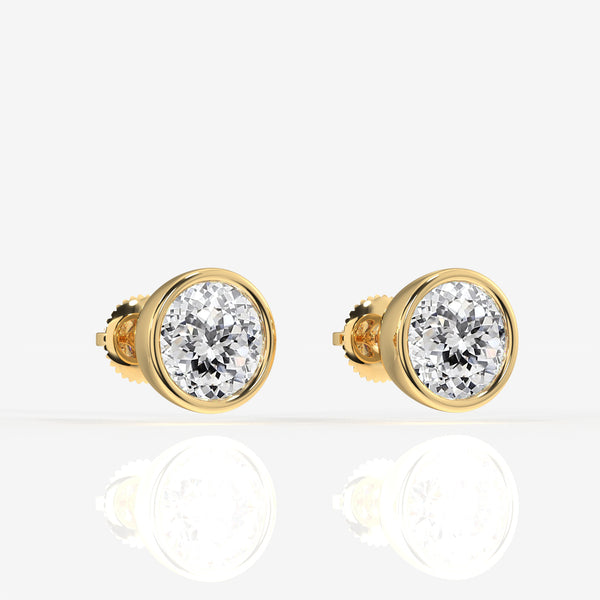 Portuguese Cut Lab Grown Diamond Bezel Stud 14K Gold Earrings