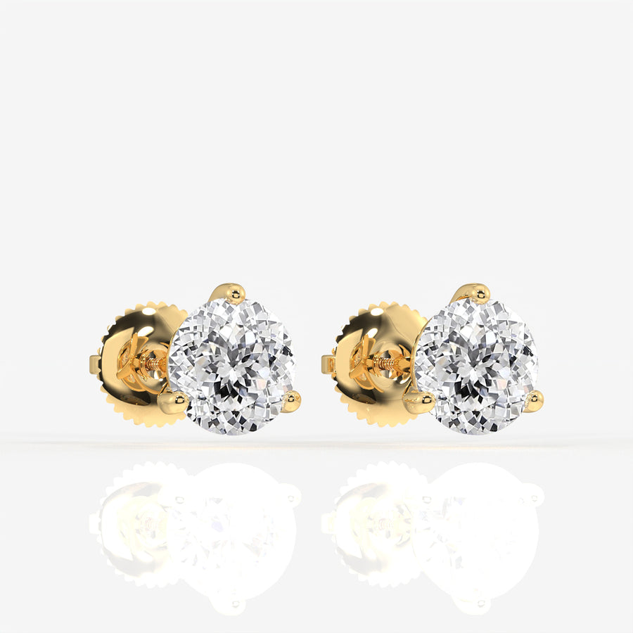 Portuguese Cut Lab Grown Diamond Certified Three Prong Stud 18K Gold Earrings