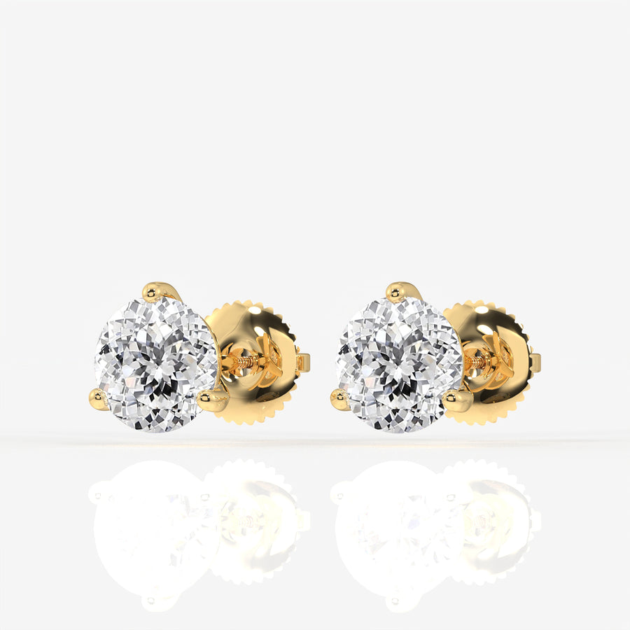 Portuguese Cut Lab Grown Diamond Certified Three Prong Stud 18K Gold Earrings