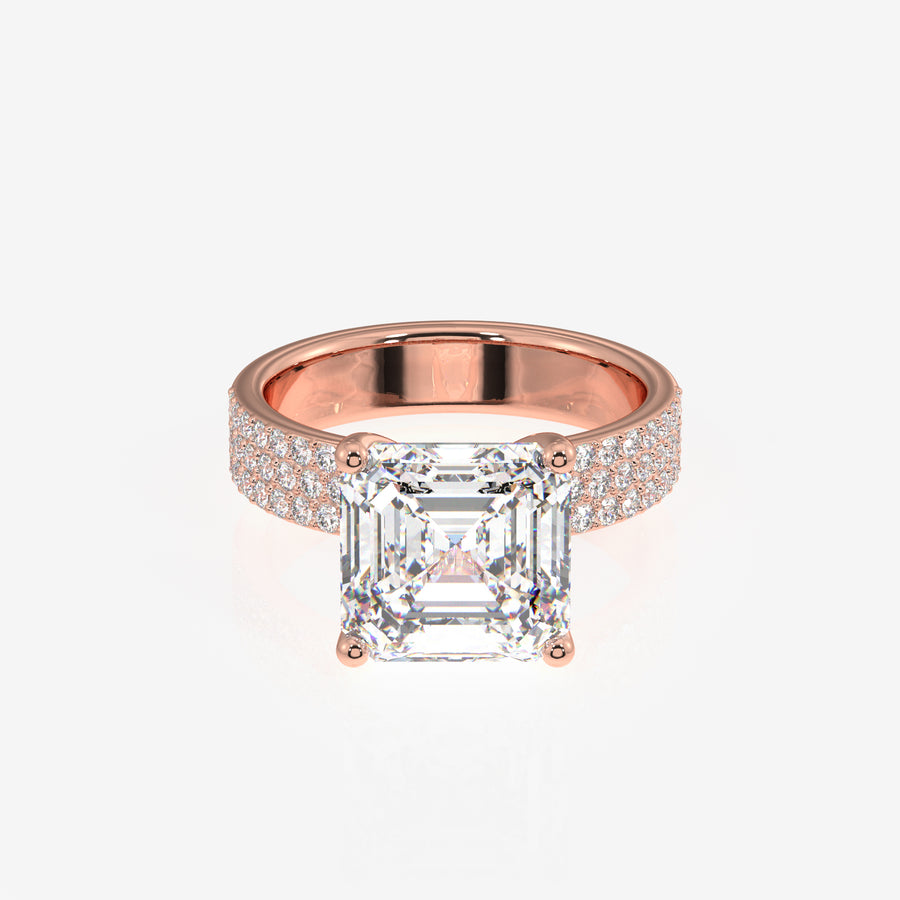 Asscher Cut Lab Grown Diamond Three Layer Pave 14K Gold Ring