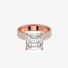 Asscher Cut Moissanite Diamond Three Layer Pave 14K Gold Ring