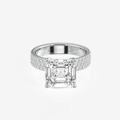 Asscher Cut Moissanite Diamond Three Layer Pave 14K Gold Ring