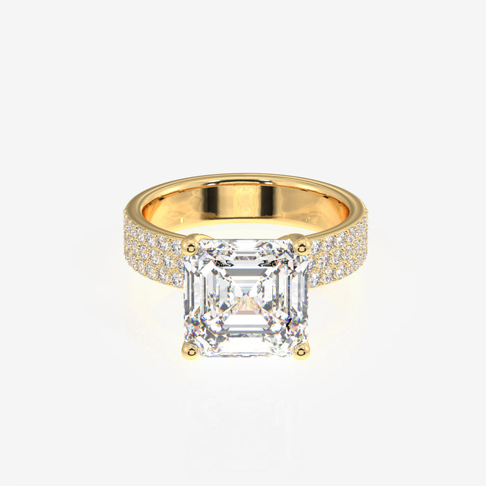 Asscher Cut Lab Grown Diamond Three Layer Pave 14K Gold Ring
