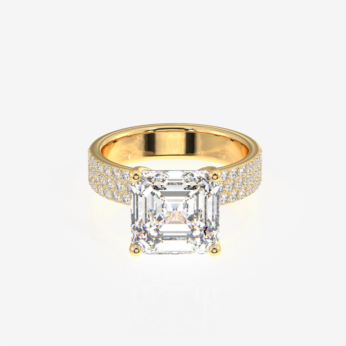 Asscher Cut Moissanite Diamond Three Layer Pave 14K Gold Ring
