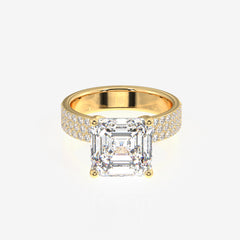 Asscher Cut Moissanite Diamond Three Layer Pave 14K Gold Ring