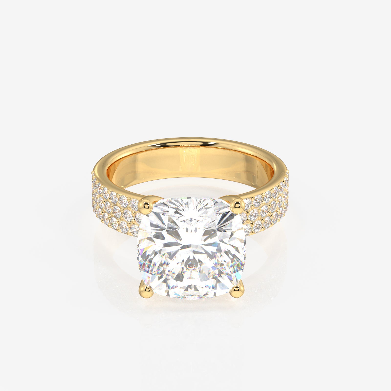 Cushion Cut Lab Grown Diamond Three Layer Pave 18K Gold Ring