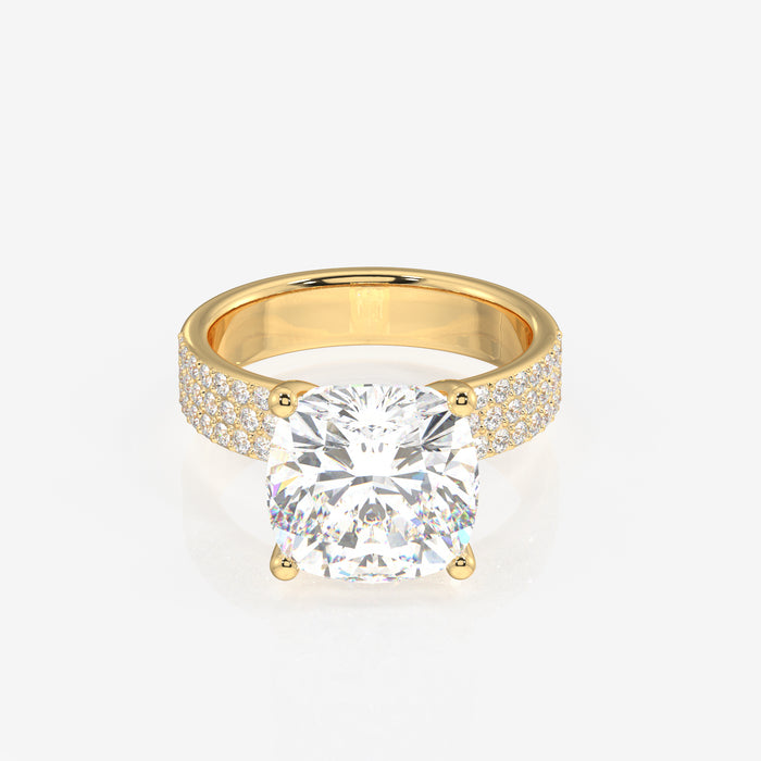 Cushion Cut Moissanite Diamond Three Layer Pave 18K Gold Ring