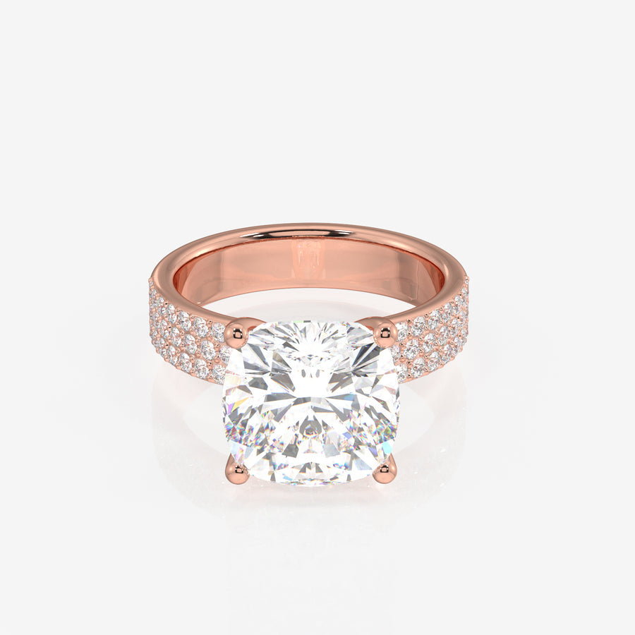 Cushion Cut Lab Grown Diamond Three Layer Pave 18K Gold Ring