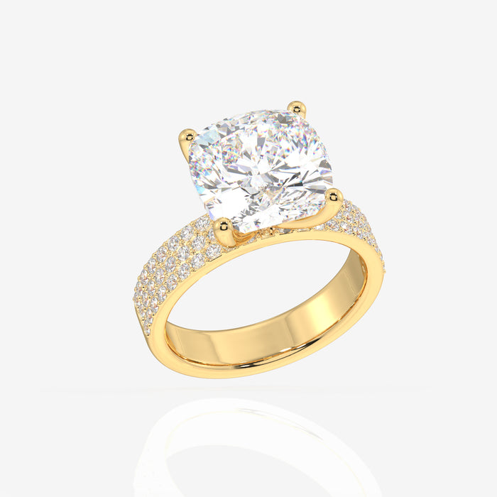 Cushion Cut Moissanite Diamond Three Layer Pave 18K Gold Ring